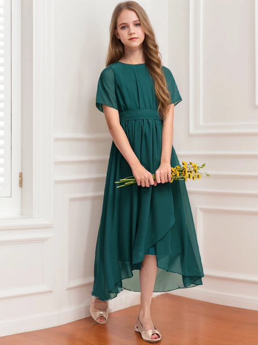 Elegant A?Line Round Neck Short Sleeve Zipper Bow Hi?Lo Junior Bridesmaid Dress