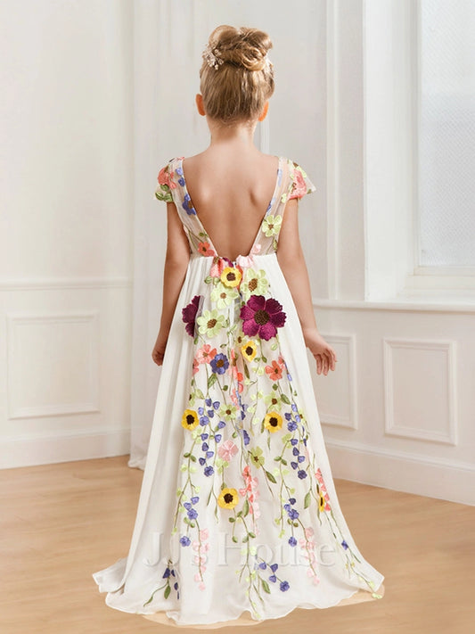 Romantic A Line V Neck Short Sleeve V Back Maxi Flower Girl Dress