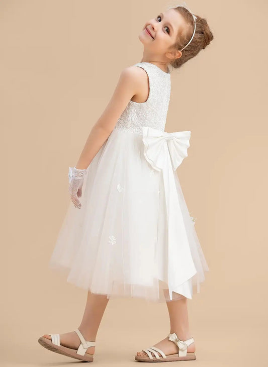 Elegant A Line Round Neck Sleeveless Bow Back Tea Length Flower Girl Dress