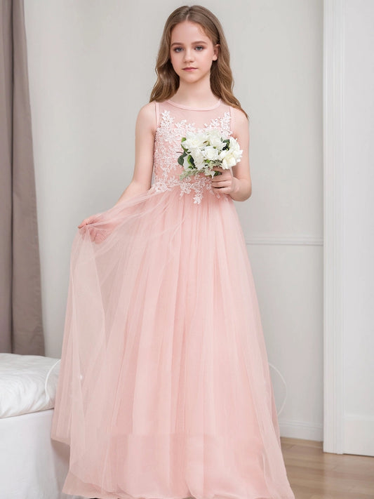 Elegant A?Line Round Neck Sleeveless Zip?Back Floor?Length Junior Bridesmaid Dress