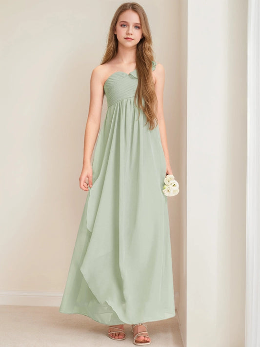 Elegant A?Line One?Shoulder Sleeveless Zipper?Back Floor?Length Junior Bridesmaid Dress