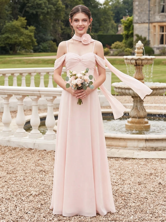Blush A?Line Sweetheart Off?The?Shoulder Open?Back Floor?Length Junior Bridesmaid Dress