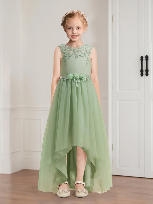 Elegant A Line Round Neck Sleeveless V Back High Low Flower Girl Dress