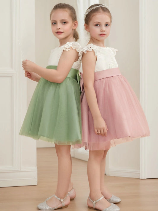 Elegant A-Line Round Neck Flutter Sleeve V-Back Knee-Length Flower Girl Dress