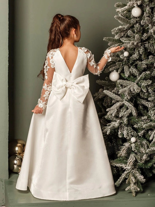 Classic A?Line Round?Neck Long?Sleeve Deep?V?Back Floor?Length Flower Girl dress