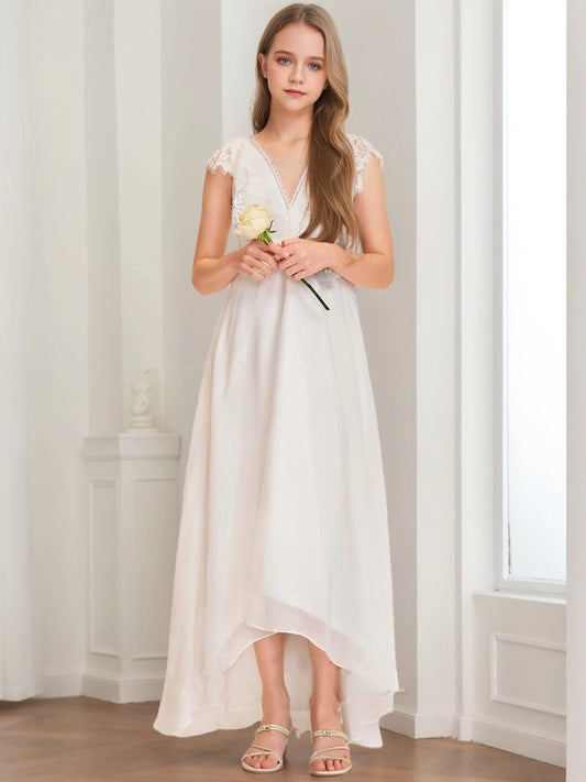 Elegant A?Line V?Neck Cap Sleeve Deep V?Back Hi?Lo Junior Bridesmaid Dress