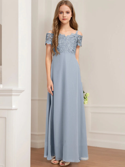 Elegant A?Line Off?The?Shoulder Short Sleeve Zipper?Back Floor?Length Junior Bridesmaid Dress