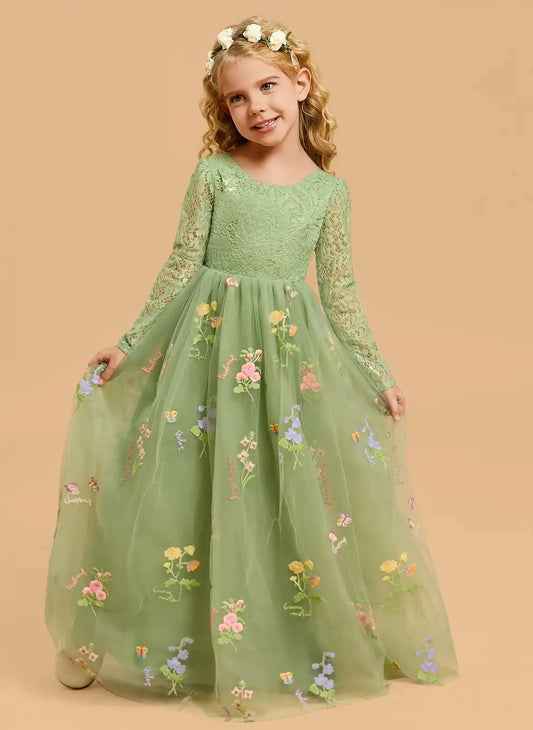Romantic A Line Round Neck Long Sleeve V Back Floor Length Flower Girl Dress