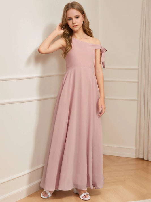Elegant A?Line One?Shoulder Bow Sleeveless Zipper?Back Maxi Junior Bridesmaid Dress