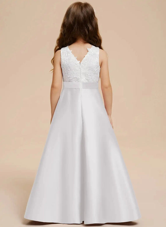 Elegant A Line V Neck Sleeveless V Back Floor Length Flower Girl Dress