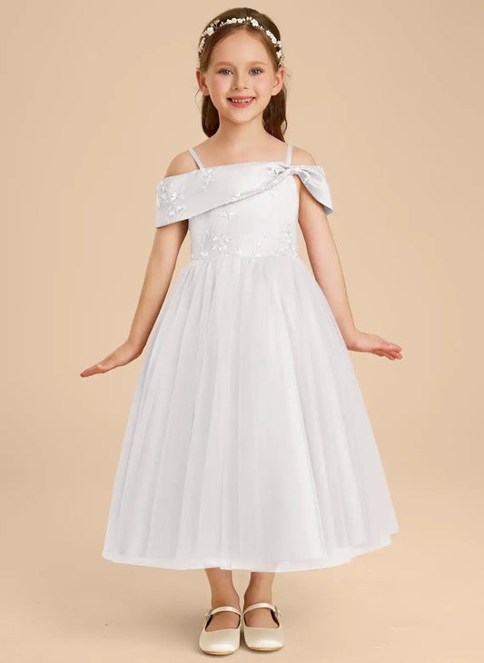 Elegant A Line Off Shoulder Short Sleeve Zip Back Tea Length Flower Girl Dress