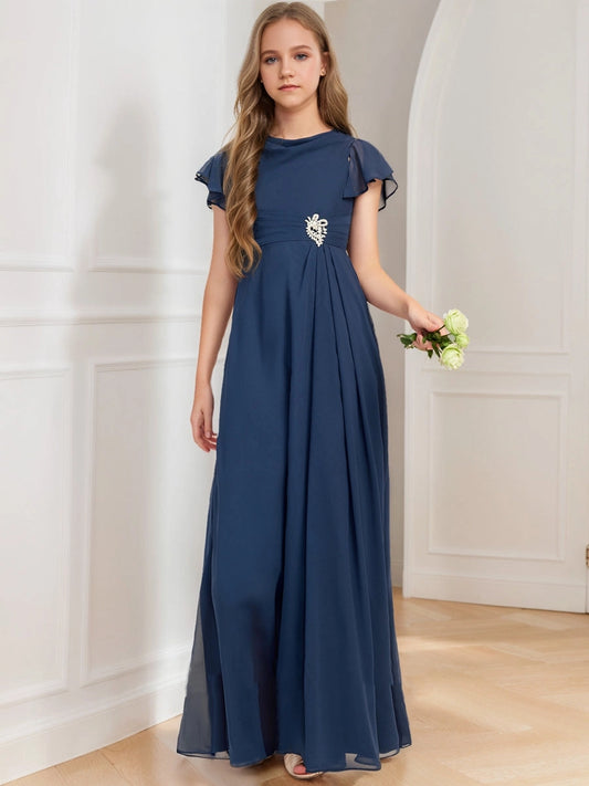Elegant A?Line Round Neck Flutter Sleeve V?Back Floor?Length Junior Bridesmaid Dress