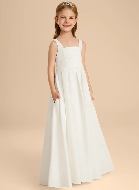 Elegant A-Line Square Neck Sleeveless Square Back Floor Length Girls Dress