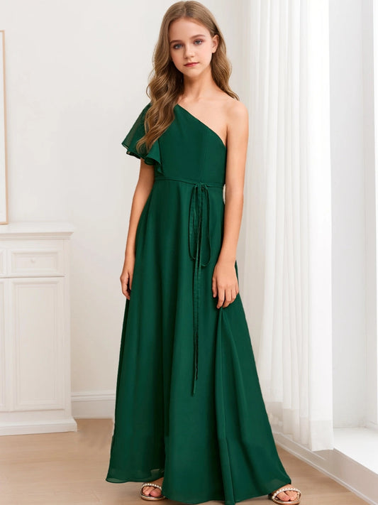 Elegant A?Line One?Shoulder Ruffle Sleeve Open Back Maxi Junior Bridesmaid Dress