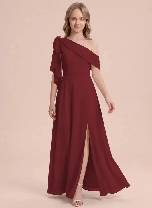 Elegant A Line One Shoulder Bow Back Floor Length Junior Bridesmaid Dress