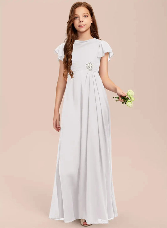 Elegant A-Line High Neck Flutter Sleeve Zip Back Maxi Junior Bridesmaid Dress