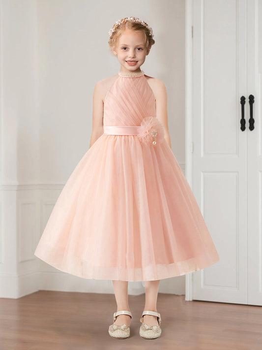 Elegant A Line Pearl Halter Sleeveless Keyhole Back Tea Length Flower Girl Dress