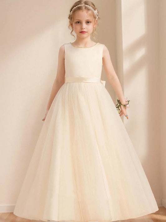 Elegant A Line Round Neck Sleeveless V Back Floor Length Flower Girl Dress