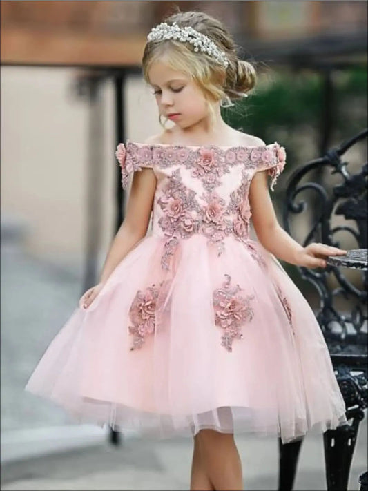 Romantic A-Line Off-Shoulder Floral Lace Zip Back Flower Girl Dress