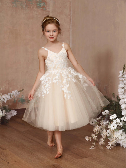 Romantic A-Line V-Neck Sleeveless Square-Back Tea-Length Flower Girl Dress