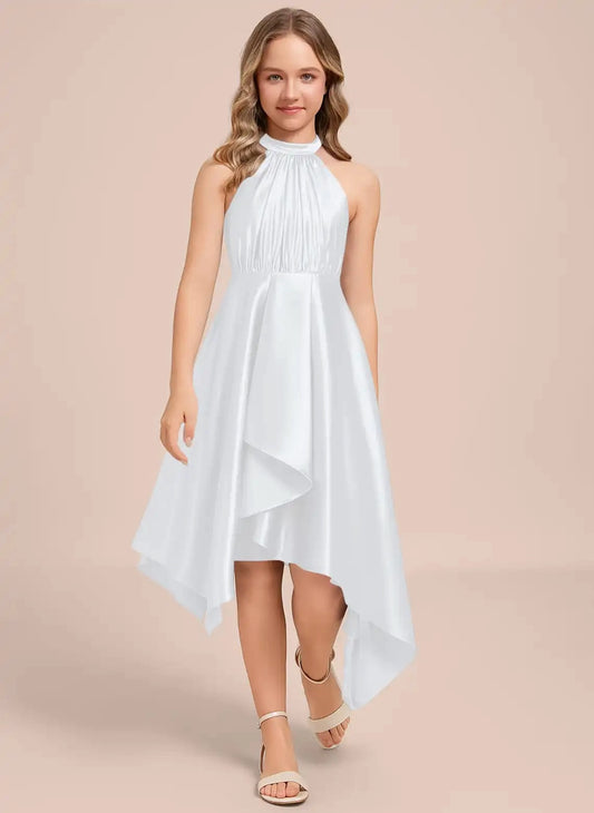 Elegant A Line Halter Sleeveless Bow Back High Low Junior Bridesmaid Dress