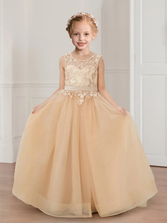 Elegant Ball Gown Round Neck Sleeveless V Back Floor Length Flower Girl Dress