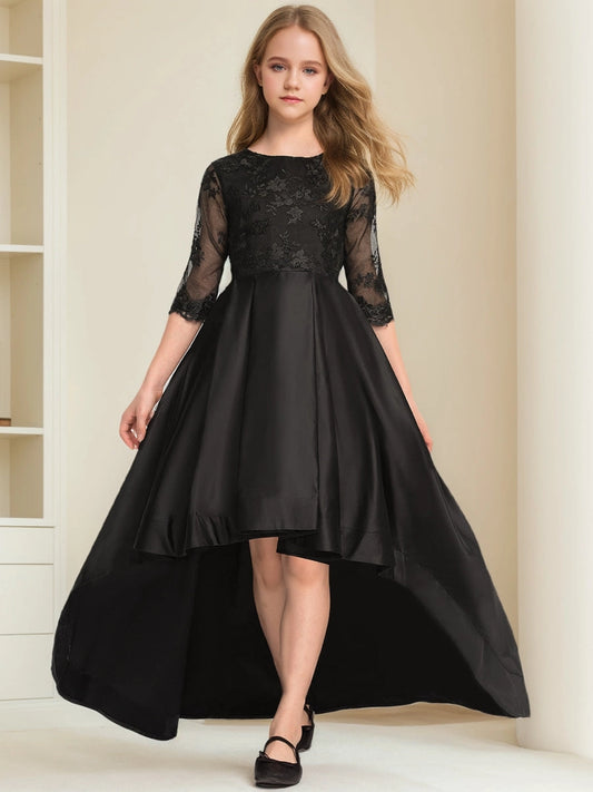 Elegant A?Line Round Neck 3/4 Sleeve Zipper?Back High?Low Flower Girl Dress For Formal Events