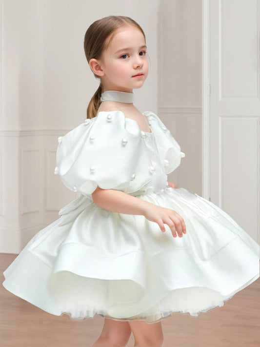 Elegant A-Line Square Neck Puff Sleeve Bow Knee-Length Flower Girl Dress