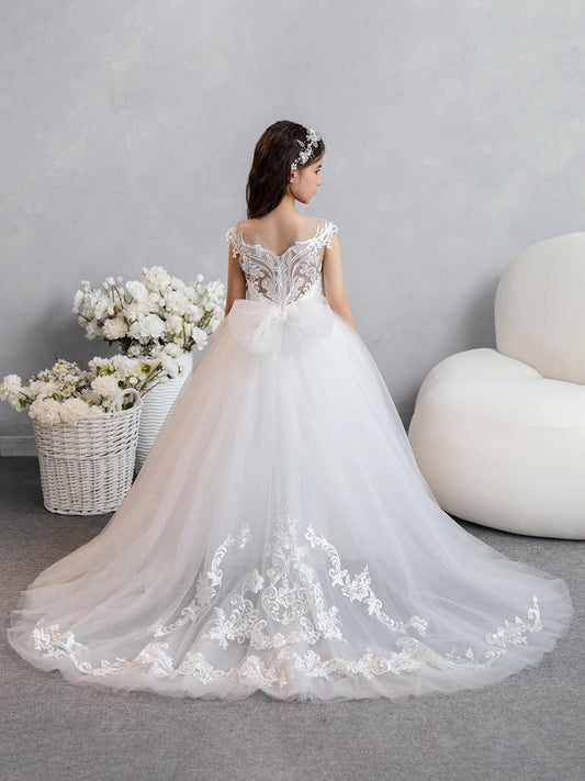 Elegant Ball Gown Illusion Neck Cap Sleeve Illusion Back Train First Communion Dress