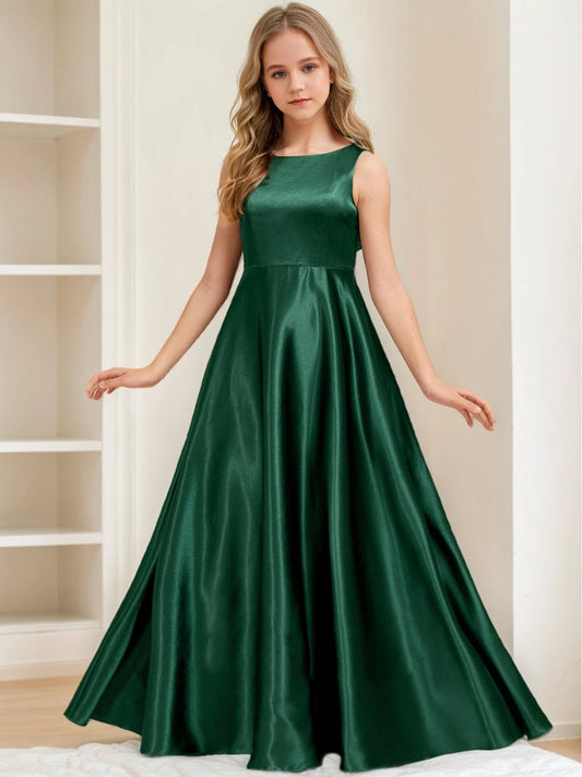 Elegant A?Line Boat Neck Sleeveless Bow Cutout Back Floor?Length Junior Bridesmaid Dress
