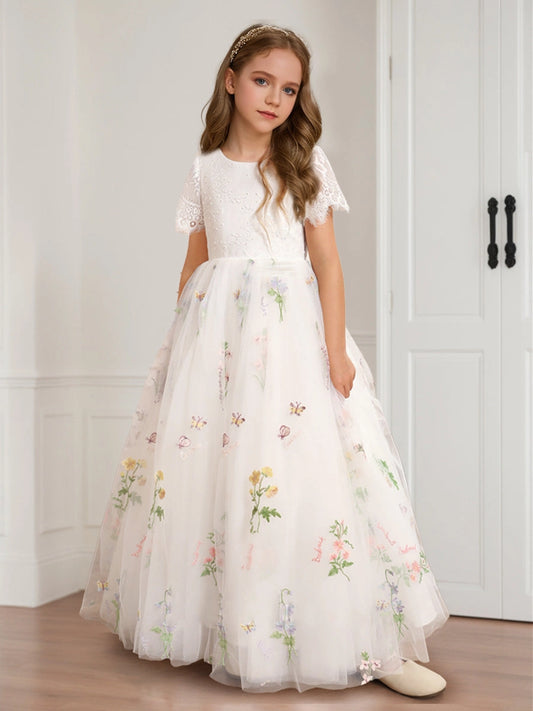 Romantic A Line Round Neck Lace Sleeve V Back Floor Length Flower Girl Dress