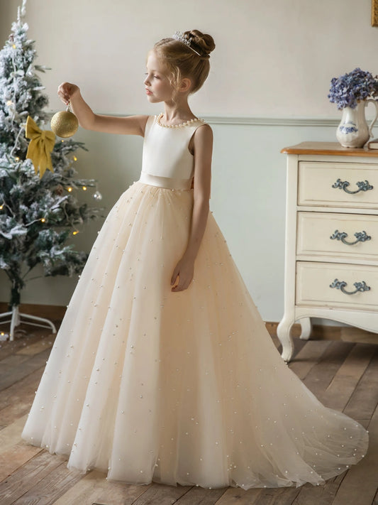 Elegant A-Line Pearl Neck Sleeveless V-Back Floor-Length Flower Girl Dress