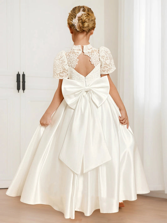 Elegant A Line High Neck Puff Sleeve Bow Back Floor Length Flower Girl Dress