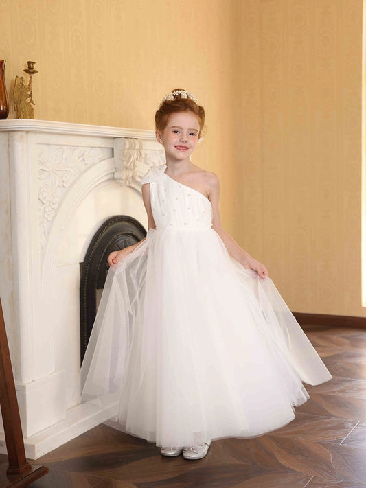 Elegant A?Line One?Shoulder Sleeveless Open?Back Floor?Length Flower Girl Dress