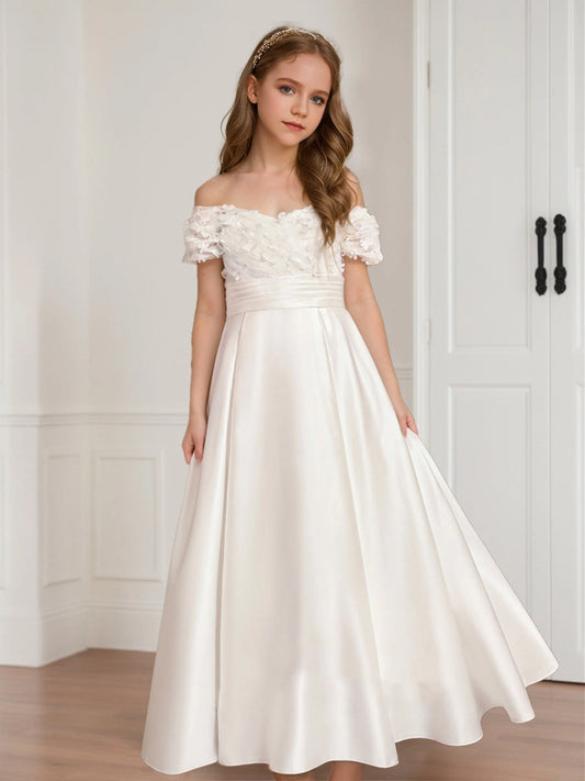 Elegant A Line Off Shoulder Floral Sleeve Open Back Communion Dress