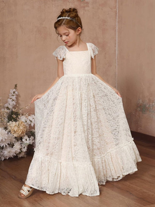 Vintage A?Line Square?Neck Flutter?Sleeve Tie?Back Floor?Length Flower Girl dress