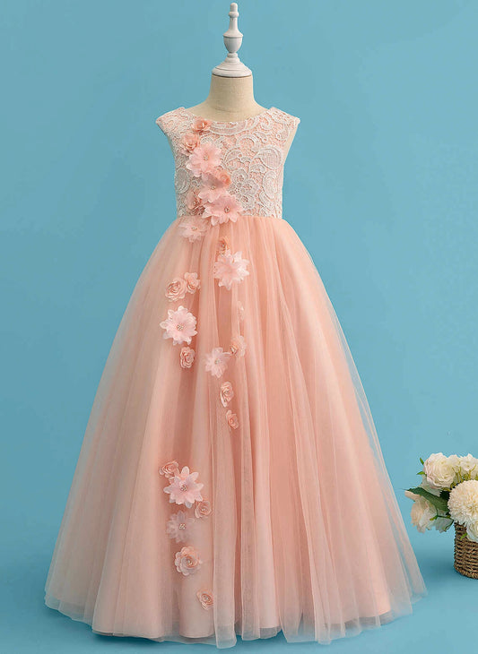 Romantic Ball Gown Round Neck Sleeveless Zip Back Floor Length Flower Girl Dress