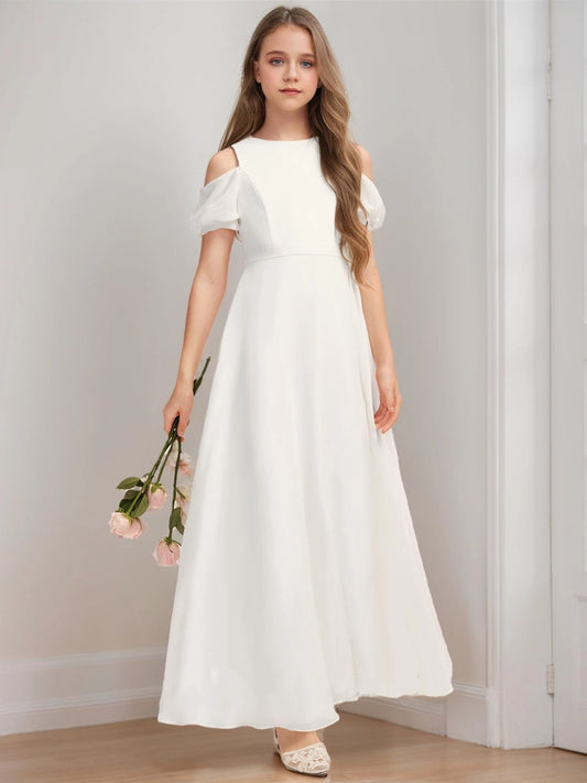 Elegant A?Line Round Neck Cold Shoulder Keyhole Back Floor?Length Junior Bridesmaid Dress
