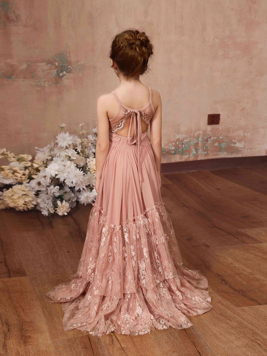 Bohemian A?Line Halter Sleeveless Tie?Back Train?Length Flower Girl Dress >