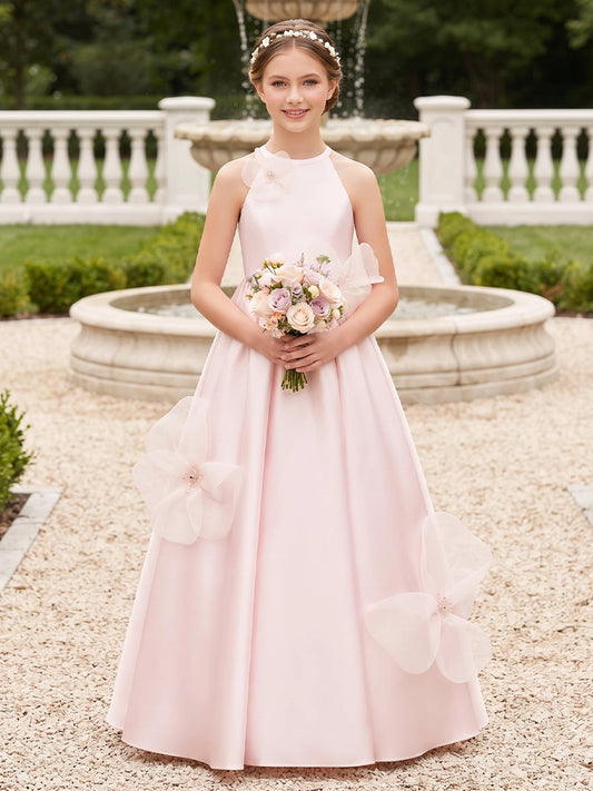 Elegant A?Line Halter Sleeveless Zipper?Back Floor?Length Junior Bridesmaid Dress >