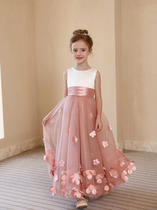 Romantic A-Line Round Neck Sleeveless V-Back Floor-Length Flower Girl Dress