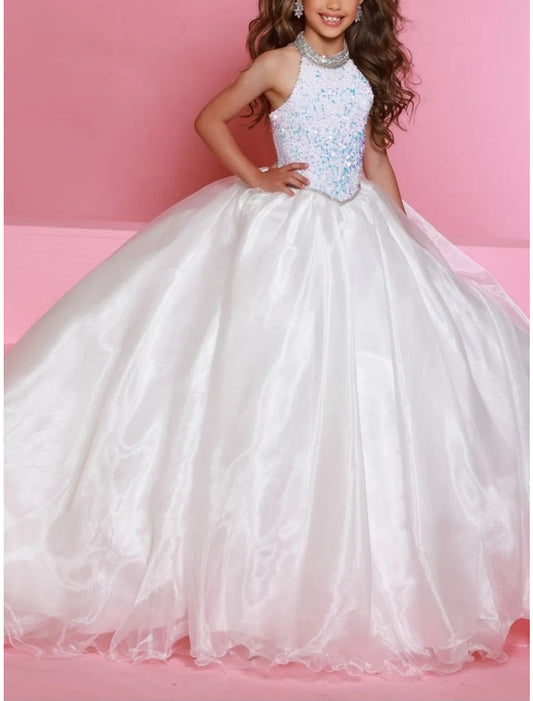 Glamorous Ball?Gown Halter Sleeveless Multi?Strap?Back Train?Length Pageant dress