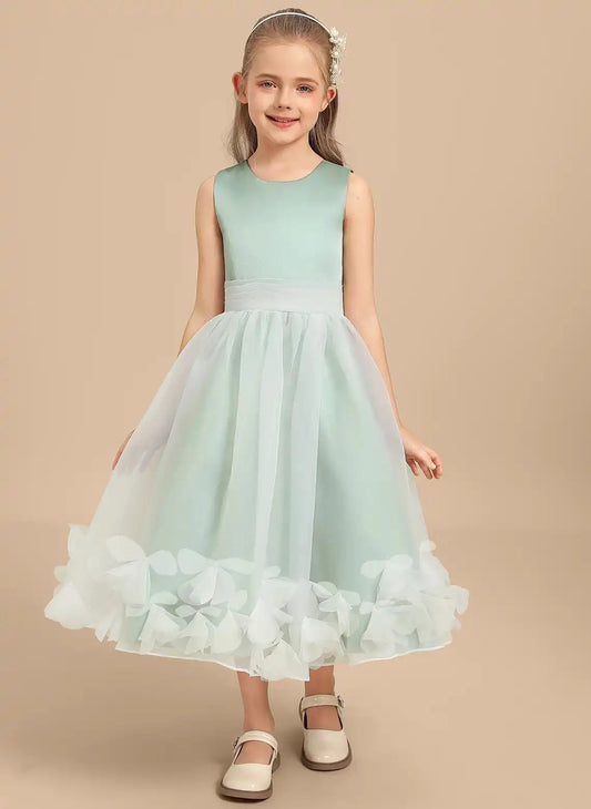 Elegant A Line Round Neck Sleeveless Zipper Back Tea Length Flower Girl Dress