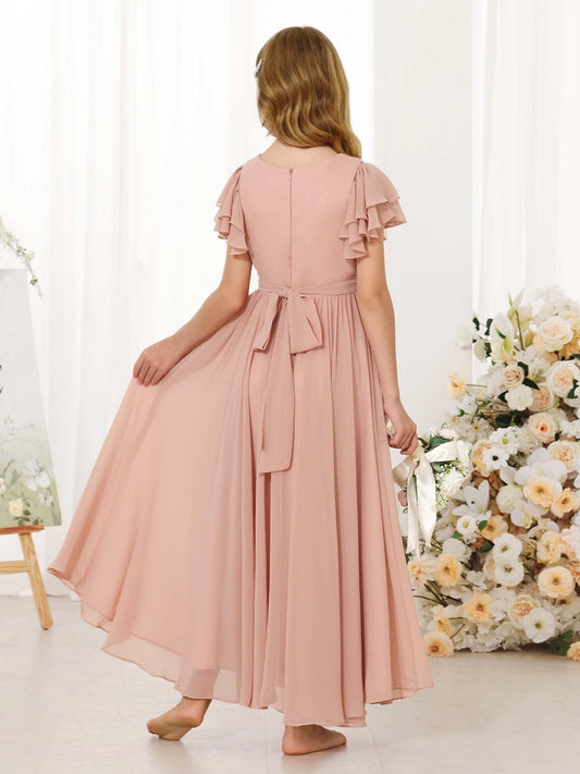 Dusty Pink A?Line Round Neck Ruffle Sleeve Zipper Back Maxi Junior Bridesmaid Dress