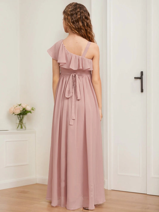 Elegant A?line One?shoulder Ruffle Sleeve Tie?back Hi?low Junior Bridesmaid Dress