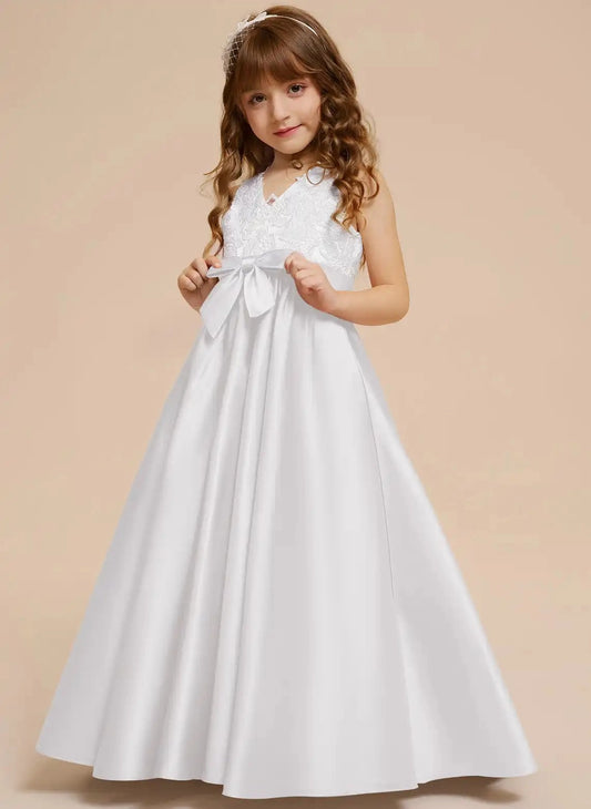 Elegant A Line V Neck Sleeveless V Back Floor Length Flower Girl Dress