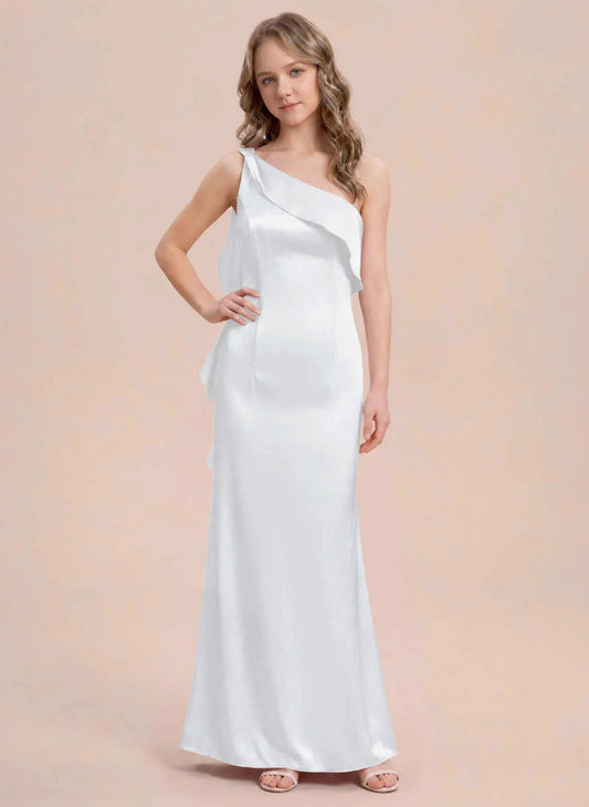 Elegant Sheath One Shoulder Sleeveless Open Back Floor Length Junior Bridesmaid Dress