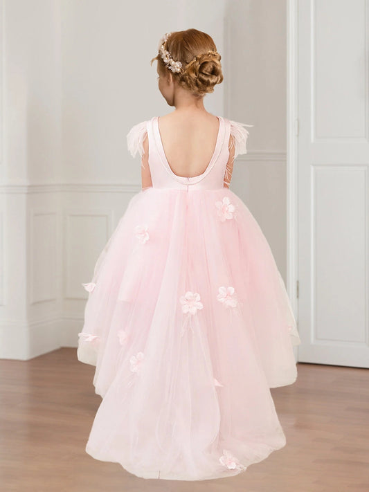 Romantic A Line Round Neck Feather Sleeve Scoop Back High Low Flower Girl Dress