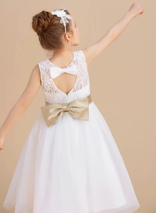 Elegant A Line Round Neck Sleeveless Bow Back Tea Length Flower Girl Dress