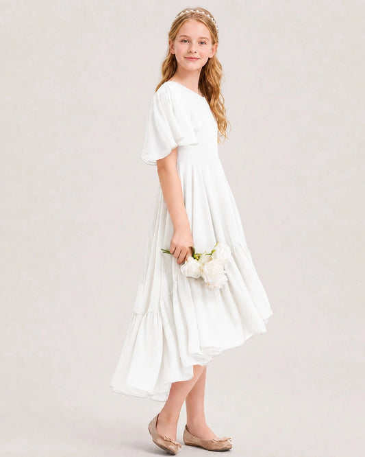 Elegant A Line V Neck Flutter Sleeve V Back High Low Junior Bridesmaid Dress